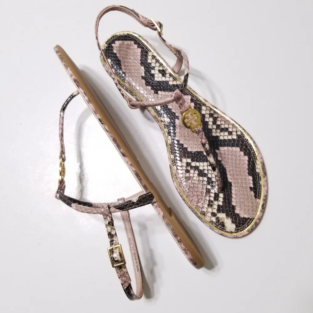 NIB Tory Burch Emmy Snake Printed‎ Leather T-Strap Flat Sandal in Misty Rose